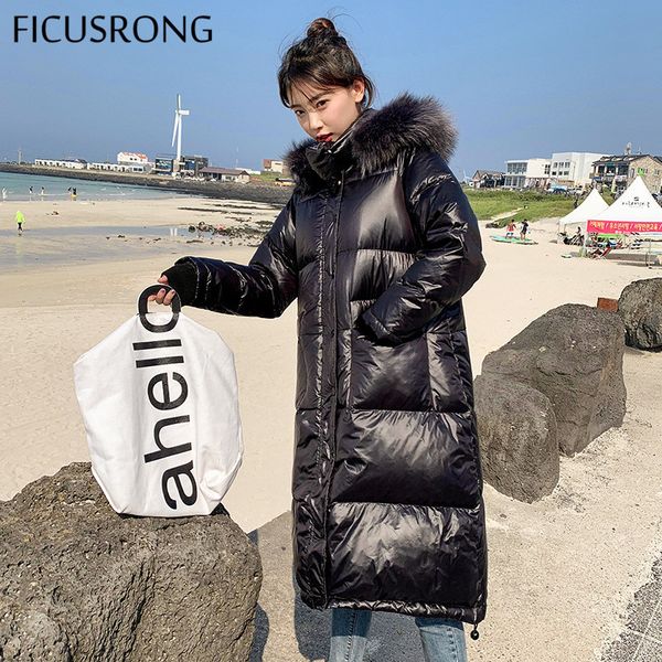 

ficusrong long black white color elegant womens winter jackets coats warm fur collar hooded ladies coats down parkas