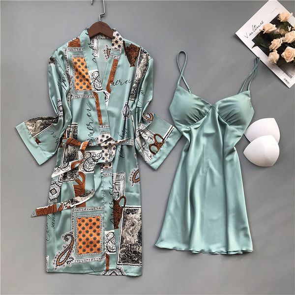 

women's sleepwear spring and summer homewear set of 2 nightdress bathrobes chest pads fashion satin v-neck nightgowns, Black;red