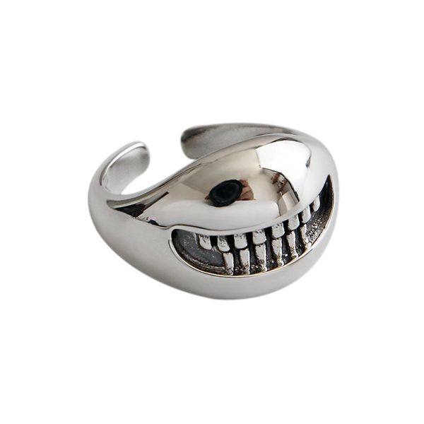 

new arrival silver 925 jewelry solid silver grim smile face open size rings for women halloween gifts hip hop punk retro statement ring, Golden;silver