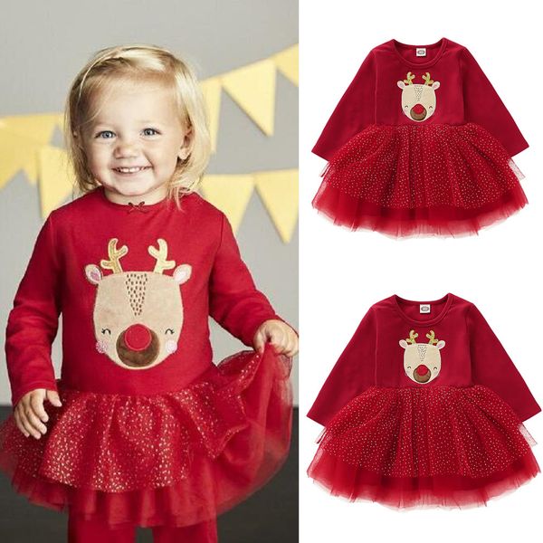 

christmas toddler infant baby girl xmas elk clothes long sleeve lace tutu dress, Red;yellow
