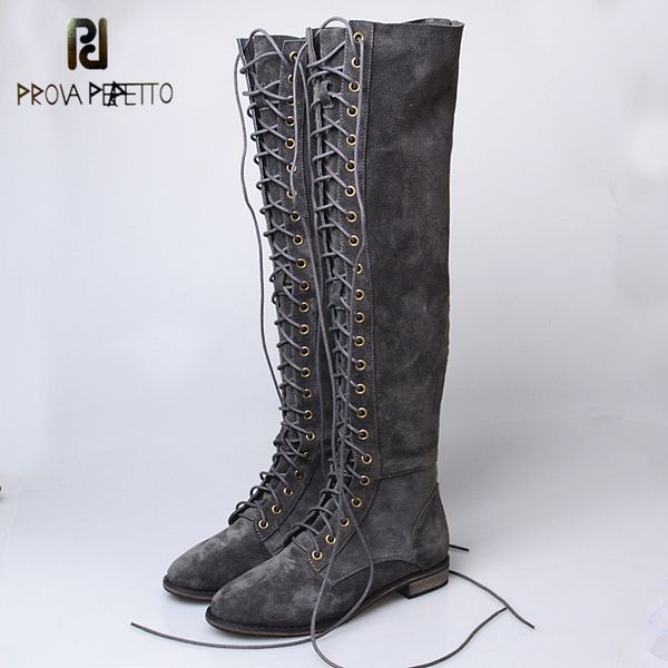 

prova perfetto slim over-the knee long boots cross tied lace up thigh women botas genuine cow suede leather knight boots, Black