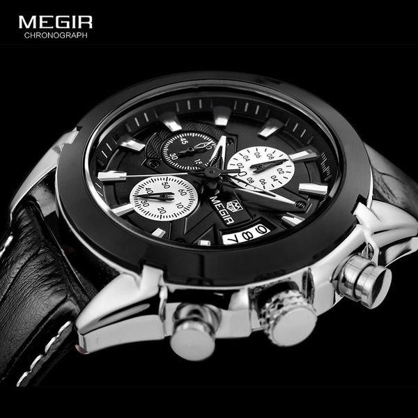 

megir chronograph casual watch men quartz sport watch genuine leather men's wristwatch, Slivery;brown
