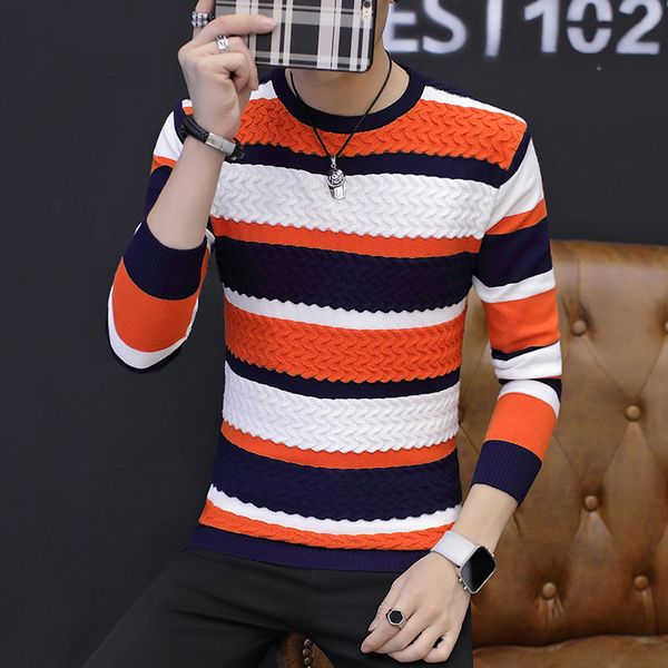 

zeeshant 2019 new spring autumn fashion brand pullovers casual sweater o-neck slim fit knitting colorful striped sweaters xxl, White;black