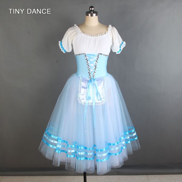 

sky blue and white ballet dance tutu costume puff sleeve spandex bodice with long tulle tutu ballerina dancing dress 20003, Black;red