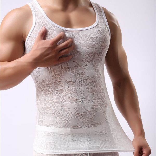

howe ray transparent shirt men undershirt sleeveless mesh mens vests underwear lace gay singlet male bodysuit clubwear shirt, Black;brown