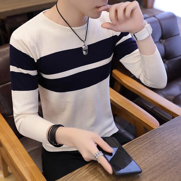 

autumn men sweater o-neck mens pullover sweater male coat man striped sweaters pull clothes long sleeve homme shirt spring k271, White;black