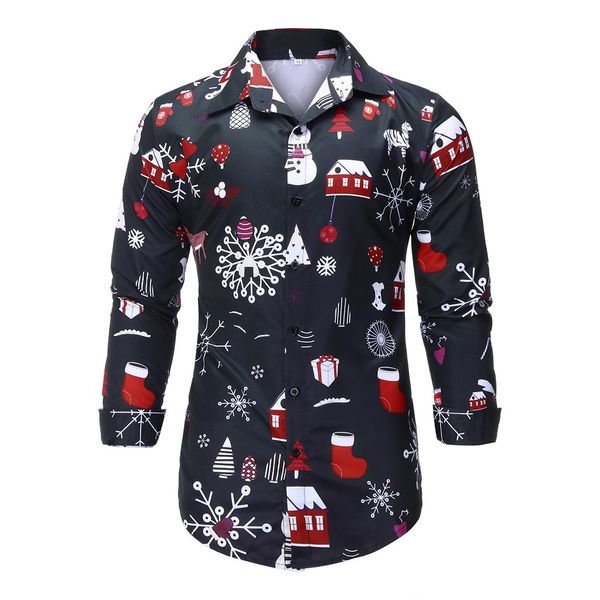 

christmas shirt men christmas print shirts single-breasted long sleeve casual wild buttons camisas hombre slim fit blouse, White;black