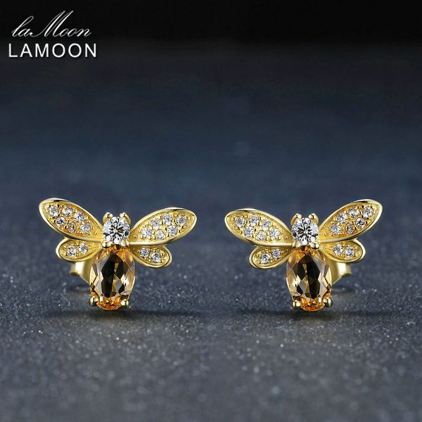 

lamoon bee 6x4mm 100% natural citrine 925 sterling-silver-jewelry 14k yellow gold plated stud earring s925 lmei041 sh190727, Golden;silver