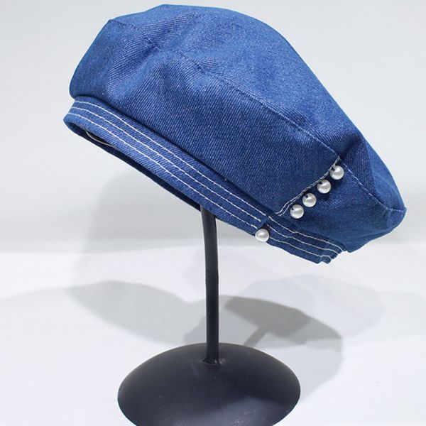 

ht2542 women berets vintage pearls women cap hat cotton denim beret hat retro artist painter newsboy flat cap beret, Blue;gray