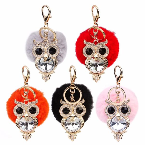 Kristal Rhinestone Owl Anahtarlık Tavşan Kürk Kabarık Pompon Anahtarlık Çanta Charm Anahtarlık Yapay Kürk Pompon Topu Anahtarlık