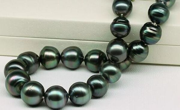 

925 real natural huge silver 10-11mm natural tahitian black green round pearl necklace women gift