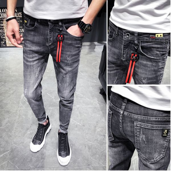 

spring new skinny jeans men fashion washed retro denim pants man streetwear hip hop trend wild male clothes cowboy trousers, Blue