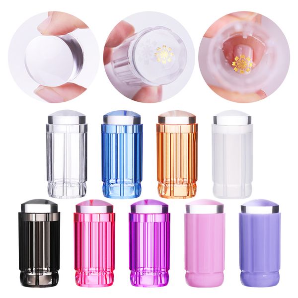 

9 colors nail art templates jelly silicone stamper head with clear cap colorful handle nail stamping stamper scraper plate, White