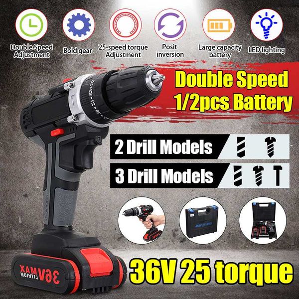 

36v electric cordless drill double-speed adjustment led worklight electric drill set screwdriver wood drilling power tools