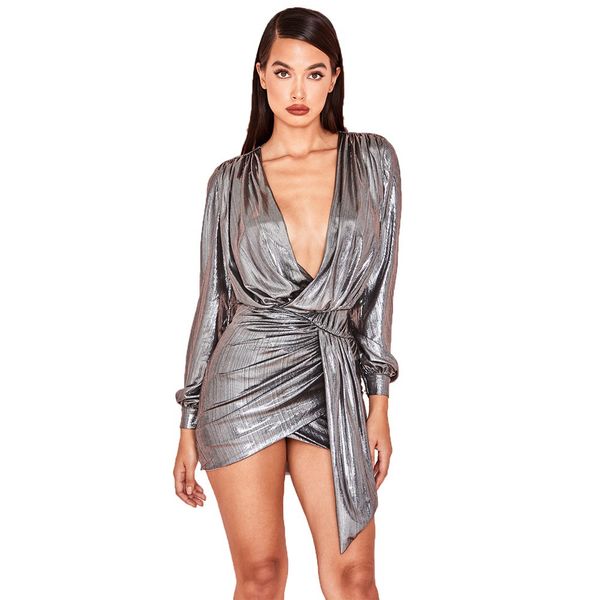 Frauen Metallic Plunge Party Kleid Langarm Sexy Tiefem V-ausschnitt Kleider Mini Bodycon Unregelmäßige Kurze Mini Club Kleid