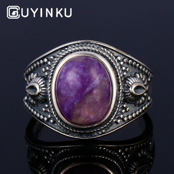 

guyinku natural charoite lapis rose quartz colorful gemstone rings 925 sterling silver jewelry for women men couple ring, Slivery;golden