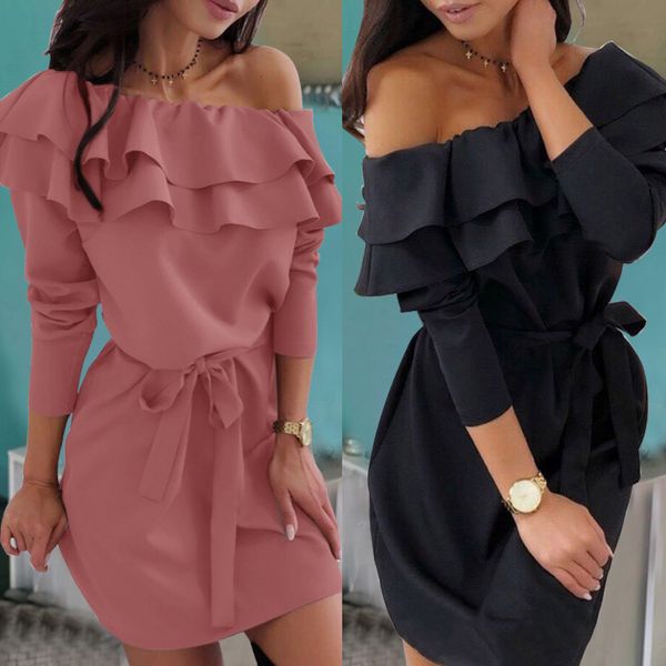 

vintage solid color elegant long sleeve boat neck office work vestidos business party bodycon ruffle women pencil dress vestido, White;black