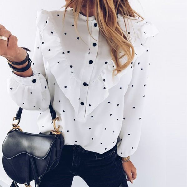 

2020 women blouse spring polka dot ruffle blouse shirts elegant casual o neck buttons pullover ladies long sleeve women, White