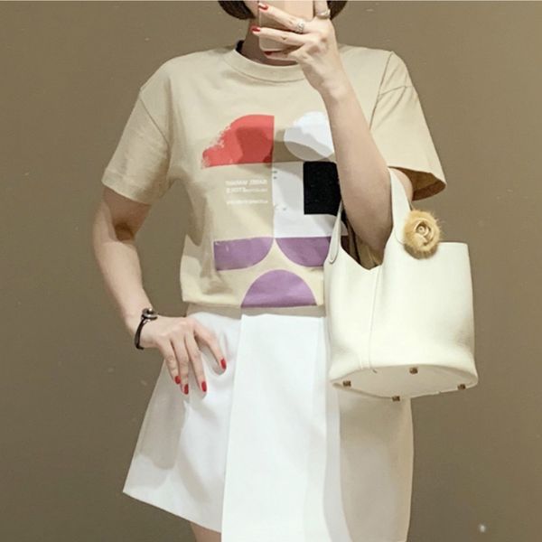 

women t-shirt summer new european and american women's gray printed cotton apricot short-sleeved t-shirt, White