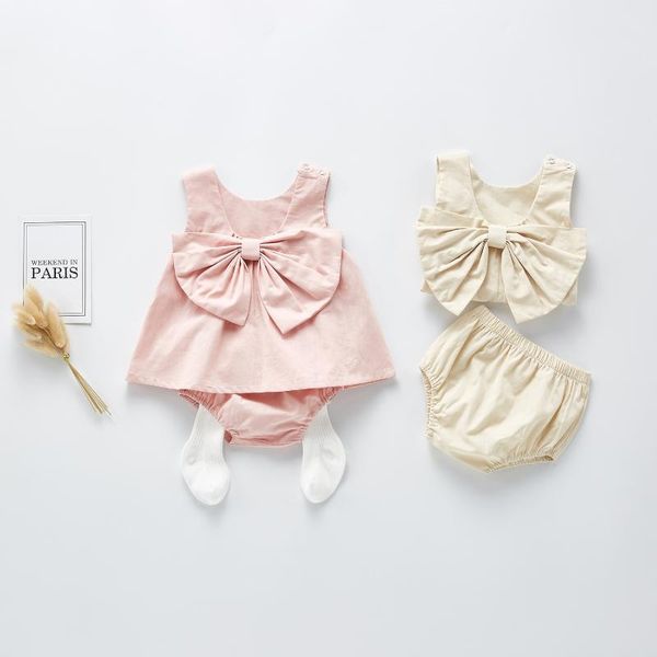 

0-24m baby girls summer sleeveless vest blouse infant toddler baby girl backless bow blouse+shorts clothes sunsuit princess set, White