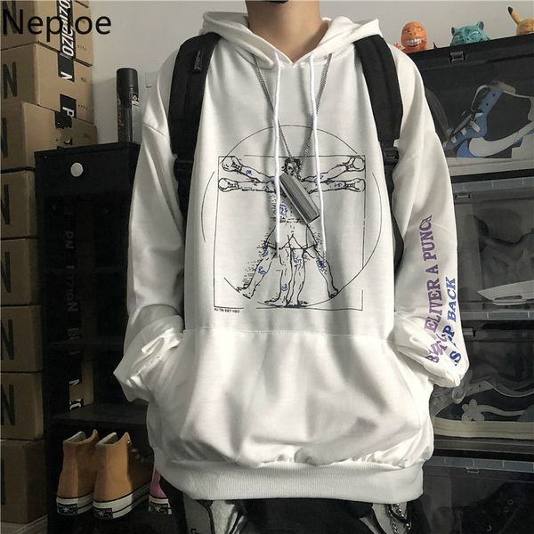 

neploe harajuku velvet hooded sweatshirt autumn winter hand-painted cartoon skull print warm hoodies women men pullover 55260, Black
