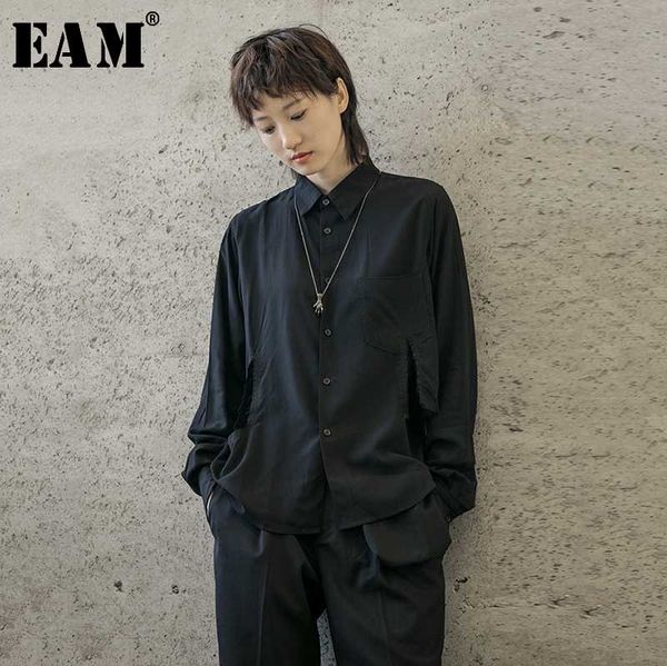 

eam] women black causal hollow out personality blouse new lapel long sleeve loose fit shirt fashion spring autumn 2020 1b748, White