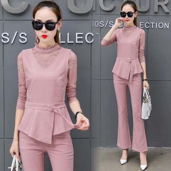 

fashion fashion special offer polyester full pockets o-neck drawstring floor-length suit woman 2019 fall vest three-piece, White
