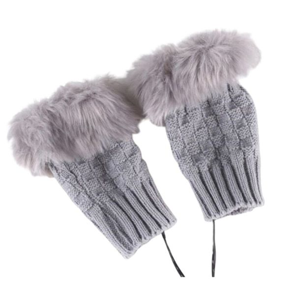 

women girls powered electric heating gloves fluffy plush crochet hand warmer, Blue;gray