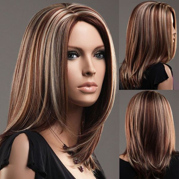 

wish new european and american wig women mid-split bobo medium long hair brown and white highlights long straight hair wig, Black;brown