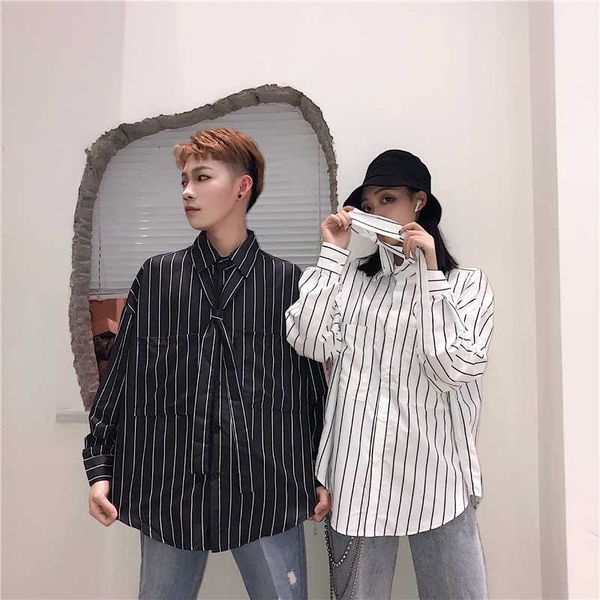 

korean striped loose casual men shirt with tie white long sleeve button shirts camicia uomo stylish men party clothes mm60ncs, White;black