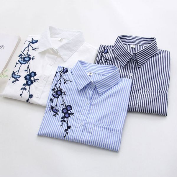 

designer women blouse floral embroidery striped blouse women long sleeve shirt and casual blusa plus size 3xl office lady blusas, White