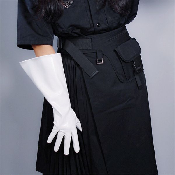 

patent long gloves faux leather wide balloon puff sleeves large white 38cm wpu147, Blue;gray