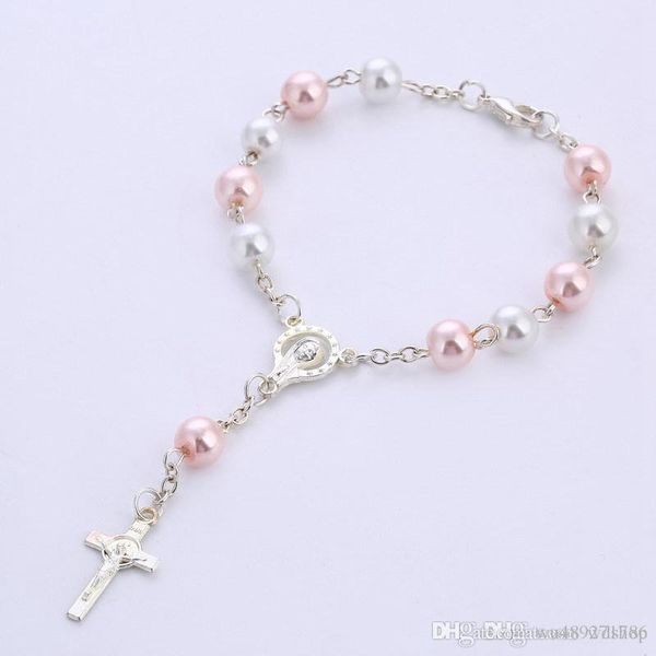 

silver cross pendant virgin mary charm bracelets with imitation glass pearl beads bracelet with lobster clasp jewelry, Golden;silver