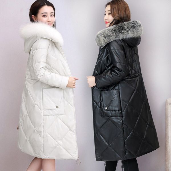 

2018 warm faux fur collar winter pu leather jacket women slim fit long coat female plus size m-3xl black pink white fashion