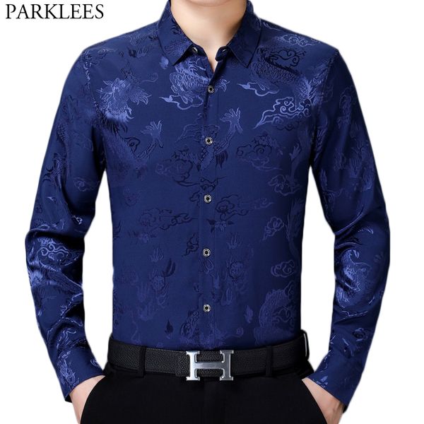 

stylish chinese dragon jacquard shirt mens slim fit long sleeve dress shirts men casual button down shirt male chemise homme 4xl, White;black
