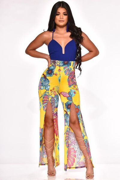 

ahvit style women two color halter with slit back floral print flared jumpsuit mos-m885, Black;white