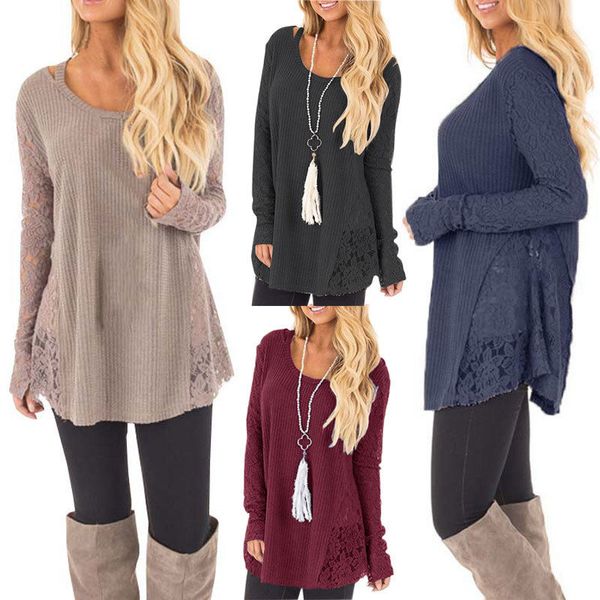 

new women's fashion t-shirts causal long sleeve o-neck lace patchwork female loose long tunic knitted tees plus size, White