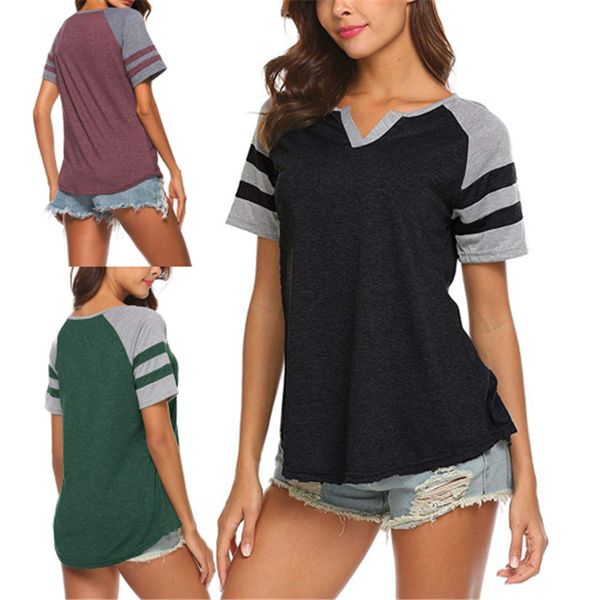 

new fashion women's 2019 spring summer v-neck short-sleeved patchwork striped t-shirt female multi color tees, White