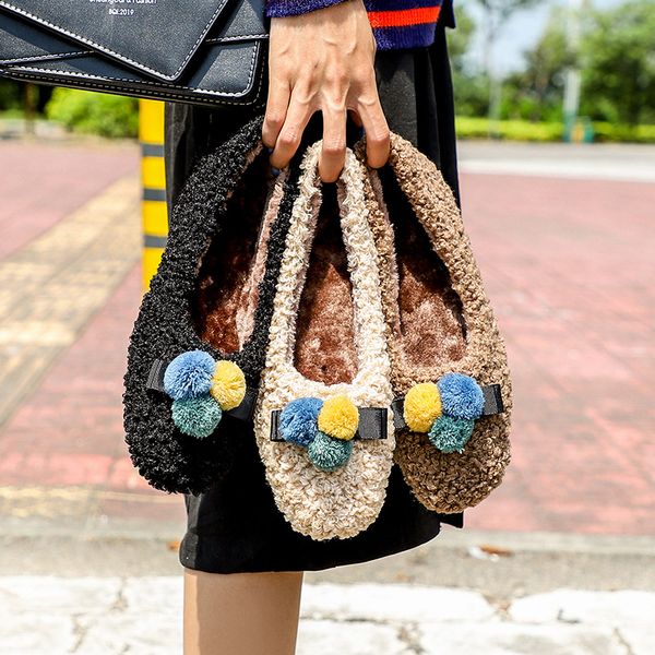 

curly fur winter moccasins hairball shallow velvet plush flats slip on comfy warm cotton shoes woman casual mixed color loafers, Black