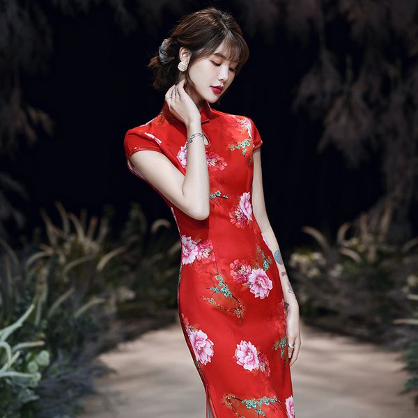 

red plus size wedding party dress gown satin female long qipao print flower cheongsam elegant mandarin collar vestidos