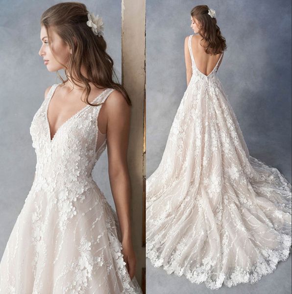 

luxury wedding dress v neck 3d floral lace applique handmade wedding gown 2020 white backless beach princess bridal wedding dresses