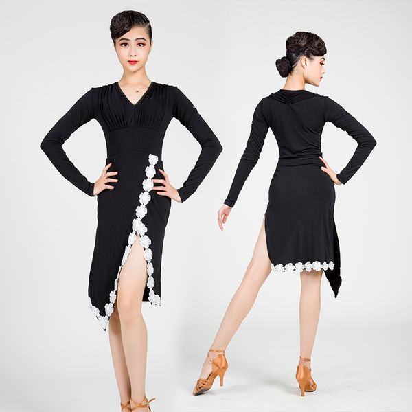 

2020 new latin dance dress ladies decal v-neck long sleeves performance costume women ballroom salsa samba dress dl5199, Black;red