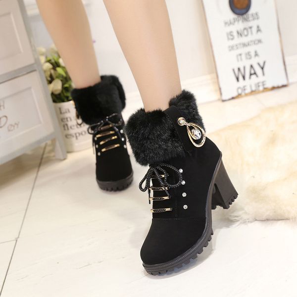 

comfortable winter women ankle boots round toe non-slip 8cm thick high-heeled martin short boots size 35-41, Black