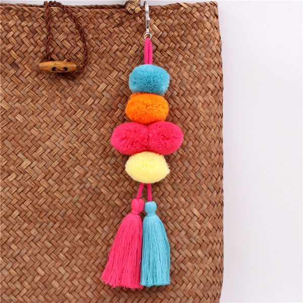 

1pc boho jewelry pompom keychains with tassel bag accessories bag hanging for women gift, Slivery;golden