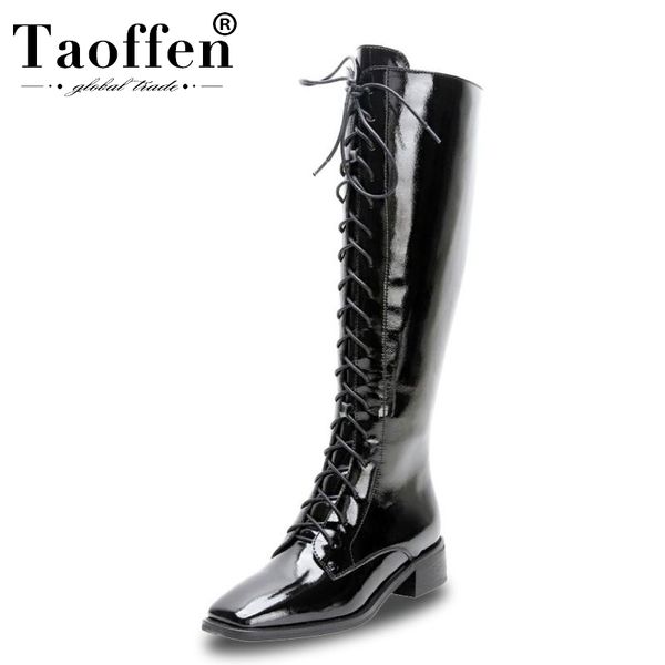 

taoffen 2020 genuine leather ladies motorcycle boots casual knee high boots daily fashion footwear size 34-42, Black