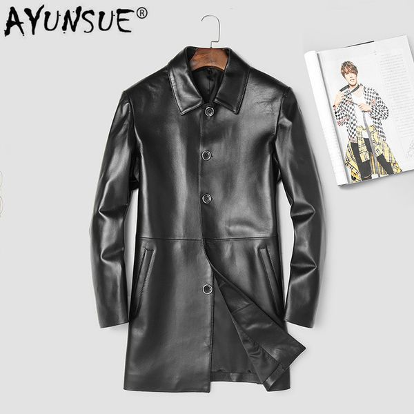 

ayunsue 2019 genuine leather jacket men long real sheepskin coat for men windbreaker leather jackets leren jas heren 802 kj3004, Black