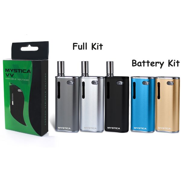 

Аутентичные Полный комплект Mystica VV Battery Battery E Стартовый комплект для сигарет 650 мАч Регулируемый уровень напряжения Аккумулятор Маленькая коробка Мод Fit 10.5mm Vape Cartridges