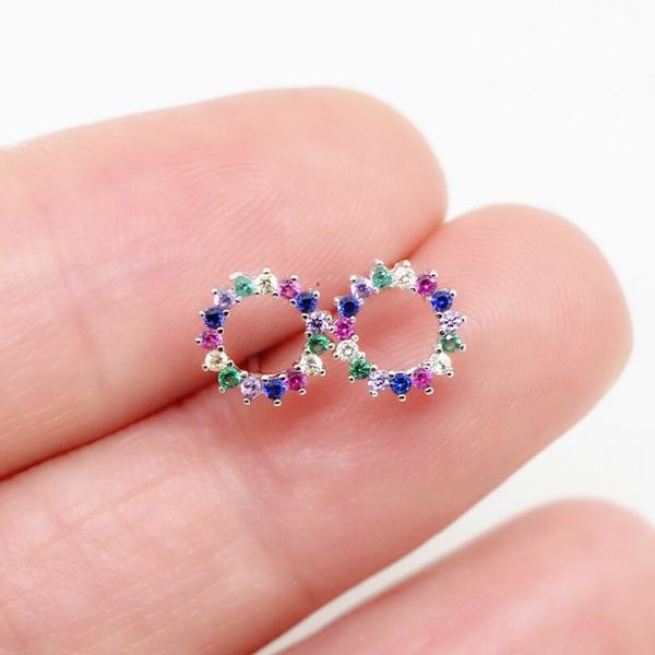 

925 sterling silver rainbow colorful cz flower stud earring girls mini multi piercing earbone studs gold filled adorable earring, Golden;silver
