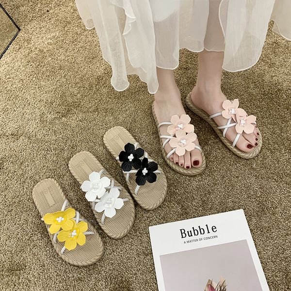 

flower slippers women summer shoes woman 2020 low pantofle slides shale female beach new sabot flat pu basic, Black