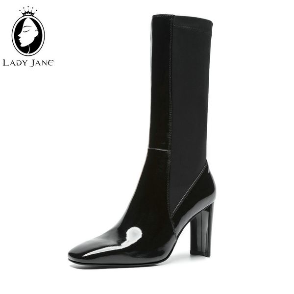 

lady jane mid calf boots women spring winter new cow leather square toe boots 8cm high heel all match black stretch